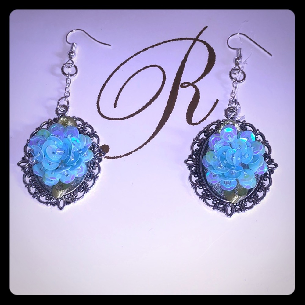 Blue Flowered Dangly Silver Womans Earrings